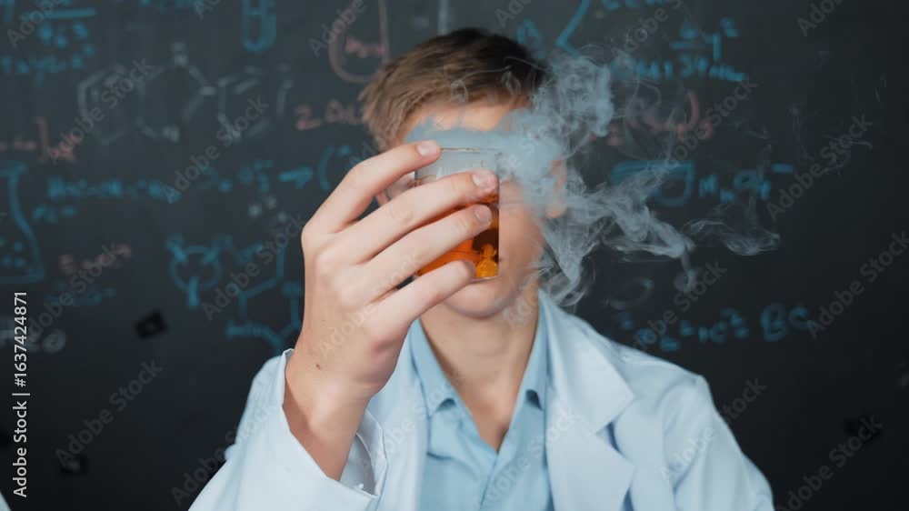 Poster closeup of boy inspect chemical solution while holding beaker at blackboard with chemical theory. sm
