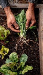 First-person view of pulling weeds in a raised garden bed with vegetables