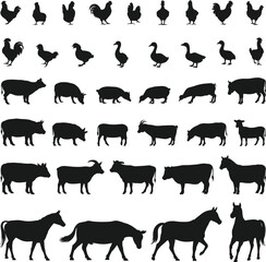Farm animal silhouettes collection, vector livestock icons, chicken, duck, pig, cow, goat, horse, domestic animals set, black isolated shapes