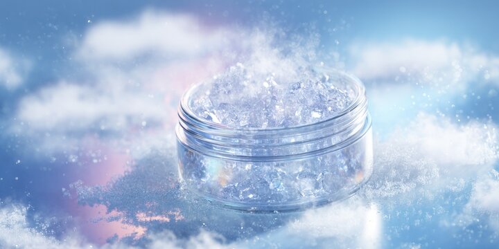 Jar of crystalline powder on a dreamy cloudscape, skincare product