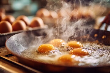 First-Person View of Eggs Cracking into Sizzling Frying Pan
