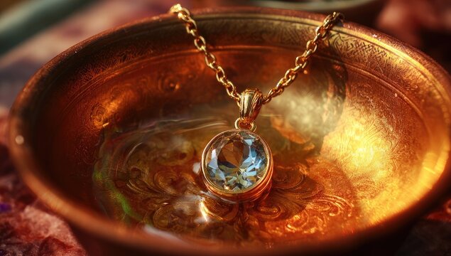 Gold necklace with light blue gem in a copper bowl