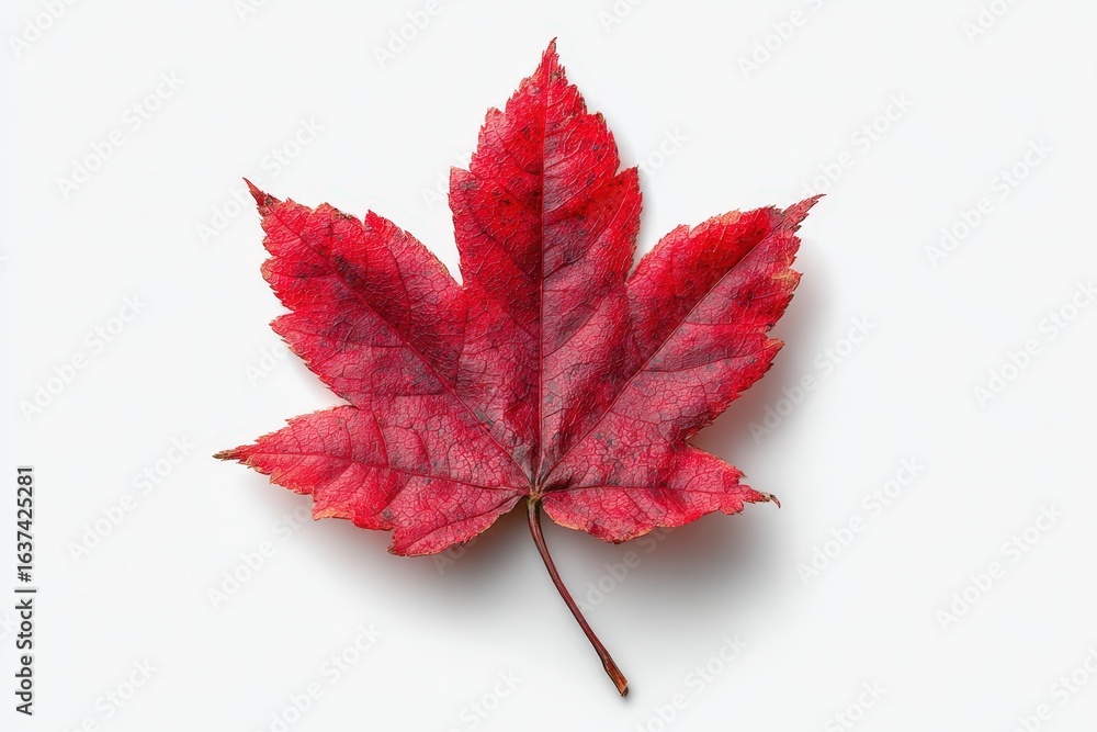 Poster bright red maple leaf on white background with soft texture details