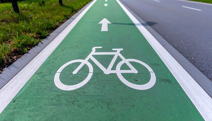 op-down view of a modern urban bicycle lane with green painted path and clear markings in minimal clean style