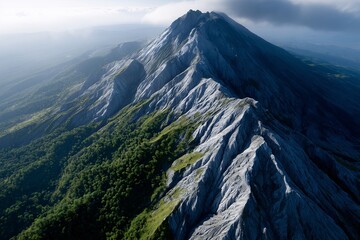 jagged mountain ridge with steep rocky slopes, green forest covering lower valleys, aerial perspective for dramatic scenery