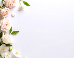Pale roses and jasmine blossoms arranged on a white background, leaving ample space