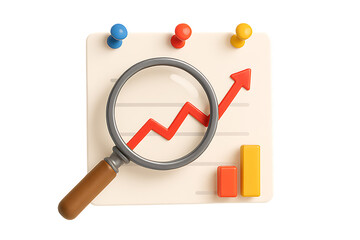 3d rendered financial chart with magnifying glass isolated on transparent background