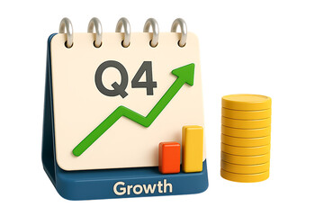3d rendered calendar with q4 growth chart and stack of coins isolated on transparent background