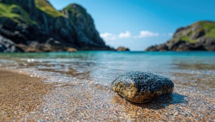 Coastal rock on sandy beach, turquoise water, dramatic cliffs