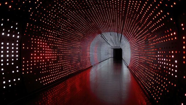 Red and white LED tunnel, futuristic, dark