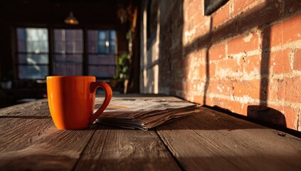 Orange mug on rustic wooden table, sunlight through windows