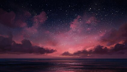Starry, pink sunset over ocean