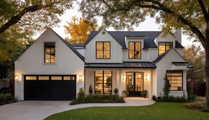 Modern white farmhouse at dusk