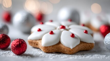 Ornamented christmas cookie with icing and sprinkles.