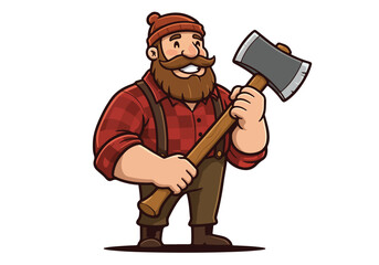 Cartoon Lumberjack holding axe in white space for logo or sticker design