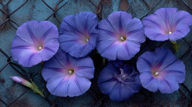 Periwinkle flowers cluster on rusty chain link