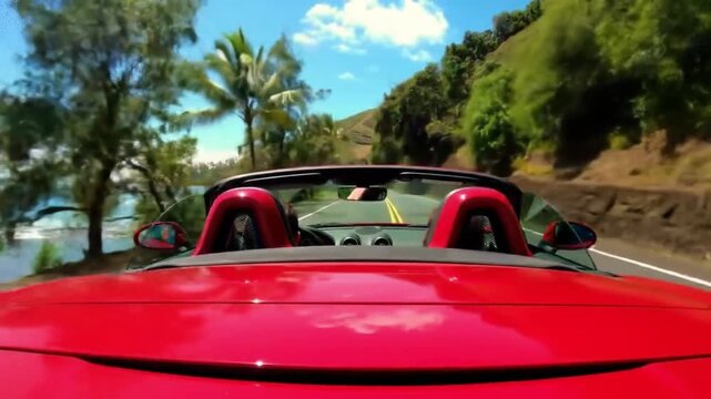Driving a red convertible along a coastal road with ocean and green hills view