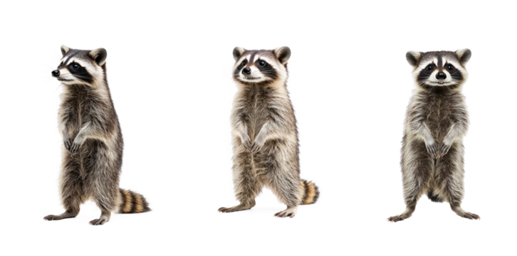 Collection of Raccoon standing Stands upright on its hind legs to get a better view. full length isolate on transparent background