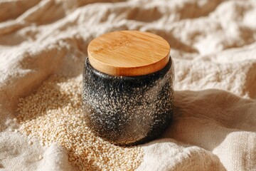 Dark-glazed ceramic jar with light wooden lid on beige linen fabric, beside white seeds