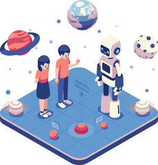 Isometric AI Robot Teaching Space Exploration for Kids