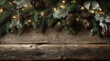Festive Christmas garland on rustic wood