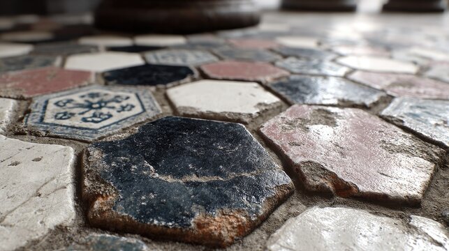Worn mosaic floor tiles