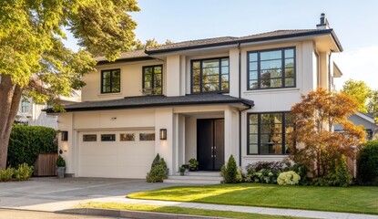 Fototapeta premium Modern, two-story house with a light beige exterior, dark trim, and large windows, situated on a sunny lot with trees and landscaping