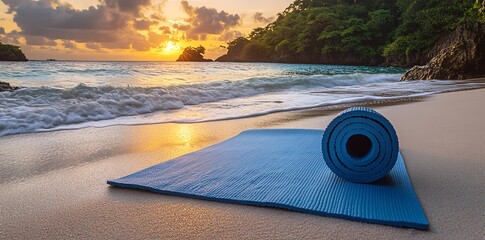 Yoga Mat on Beach at Sunrise for Fitness and Wellness