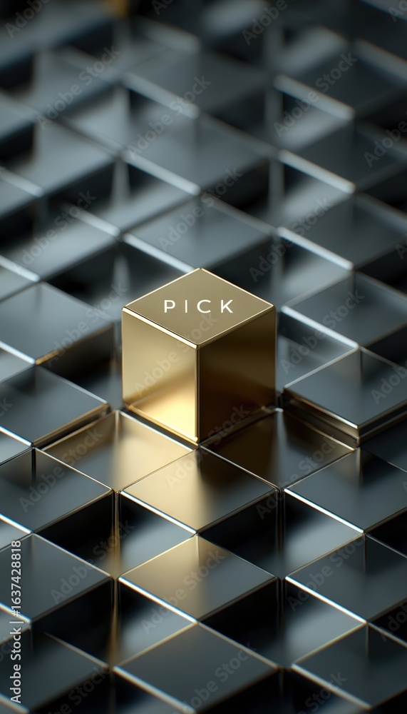 Poster minimal 3d grid with elevated gold block and centered 