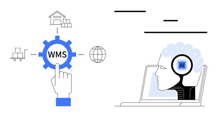 Finger tapping WMS gear, connected to warehouse, globe, carts. AI-powered head with gear on laptop. Ideal for technology, logistics, automation, process optimization AI innovation supply chain