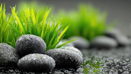 Dark gray stones with vibrant green grass, water droplets