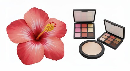 Pink hibiscus flower and makeup palettes