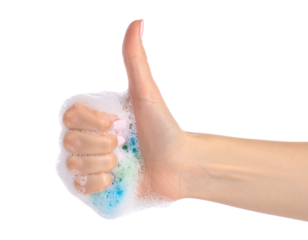 Hand soap bubbles clean hygiene washing thumbs up