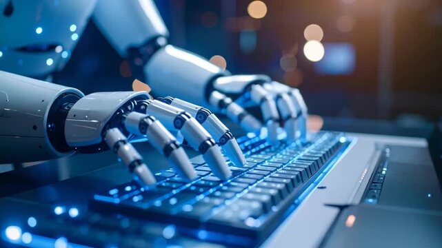 Robotic arm typing on keyboard reflecting ai and technological advances