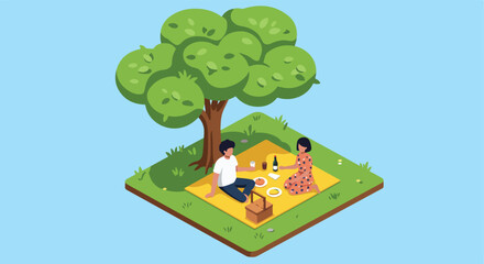 Obraz premium Isometric couple picnicking under tree; graphic resource for casual lifestyle use