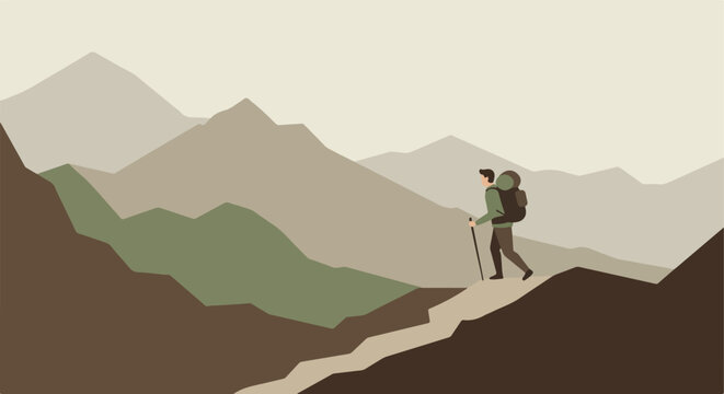 Hiker treks mountains; misty peaks recede. For minimalist blog or poster use