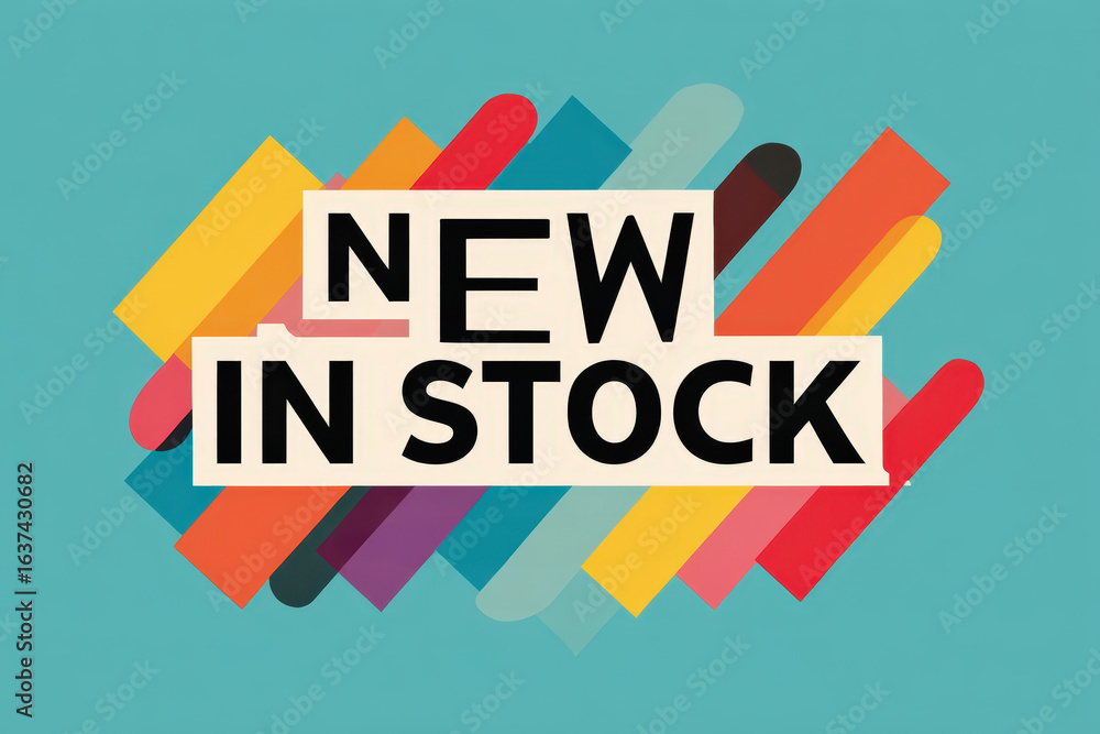 Poster dynamic new in stock announcement with colorful arrows and blocks