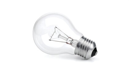 A clear glass lightbulb rests on a white background, its metal base slightly tilted
