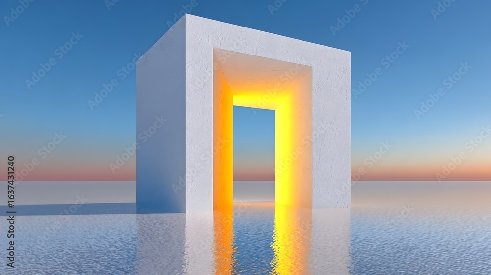 Poster white architectural structure with luminous gateway over water.