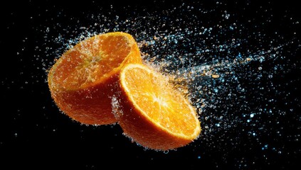 Orange halves exploding in water splashes