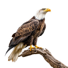 Fototapeta premium Eagle perched An eagle sits on a branch or cliff with wings folded and head alert. full length isolate on transparent background