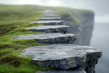 Cliff Edge Path with Moss and Fog