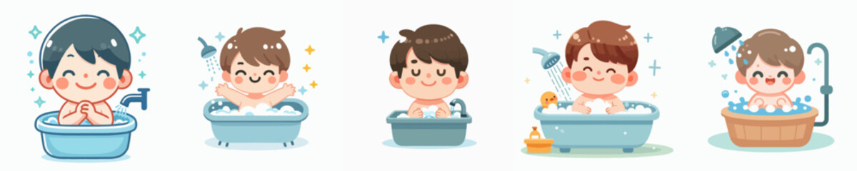 vector of a little boy taking a shower