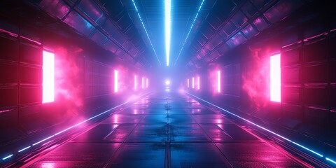 Neon Lit Sci-Fi Tunnel with Glowing Red and Blue
