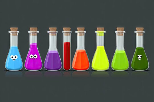 Colorful lab flasks with various liquids and cartoon faces