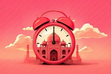 Red alarm clock with Taj Mahal