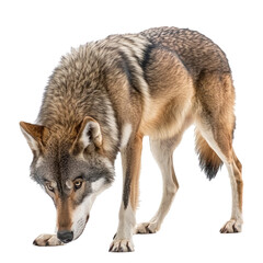 Obraz premium Wolf sniffing A wolf lowers its head to sniff the ground, tracking scents. full length isolate on transparent background