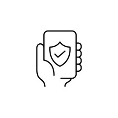 Secure online activity, verified user access, trusted remote work, protected browsing, approved device usage. Shield, checkmark and phone. Pixel perfect, editable stroke vector icon