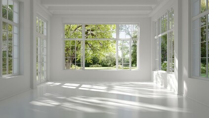 Fototapeta premium White room with large windows, garden view