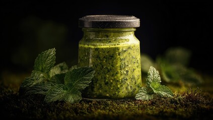Green pesto in a jar, surrounded by fresh mint leaves on moss